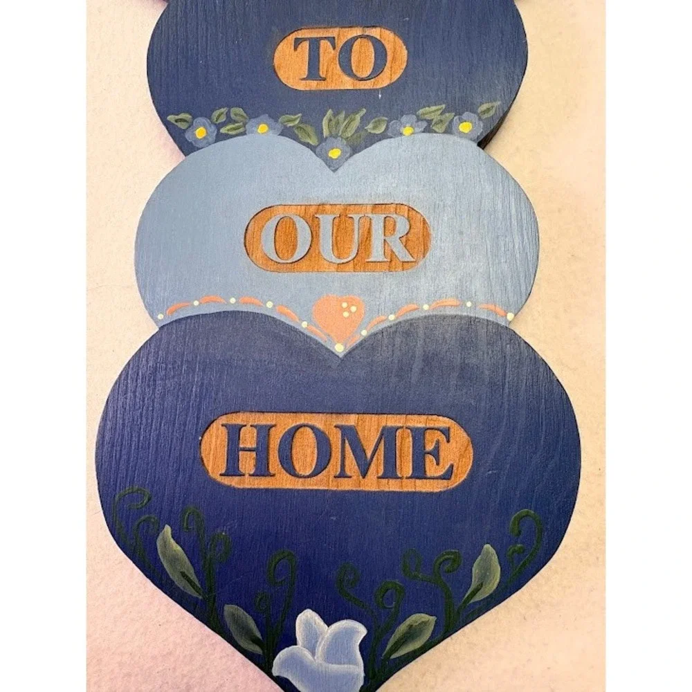 Handmade Welcome To Our Home Sign Wall Plaque Blue Wood‎ Hearts Vtg 1989 Cottage